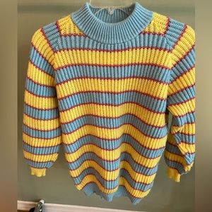 Handmade | women’s Yellow and blue Striped Chunky Knit mock neck Sweater L